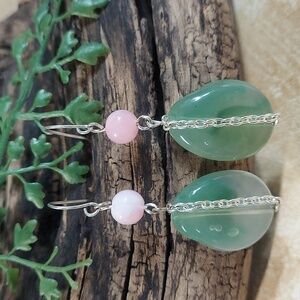 E3049 Jaded Beaded Green Pink Dangle Drop Earrings